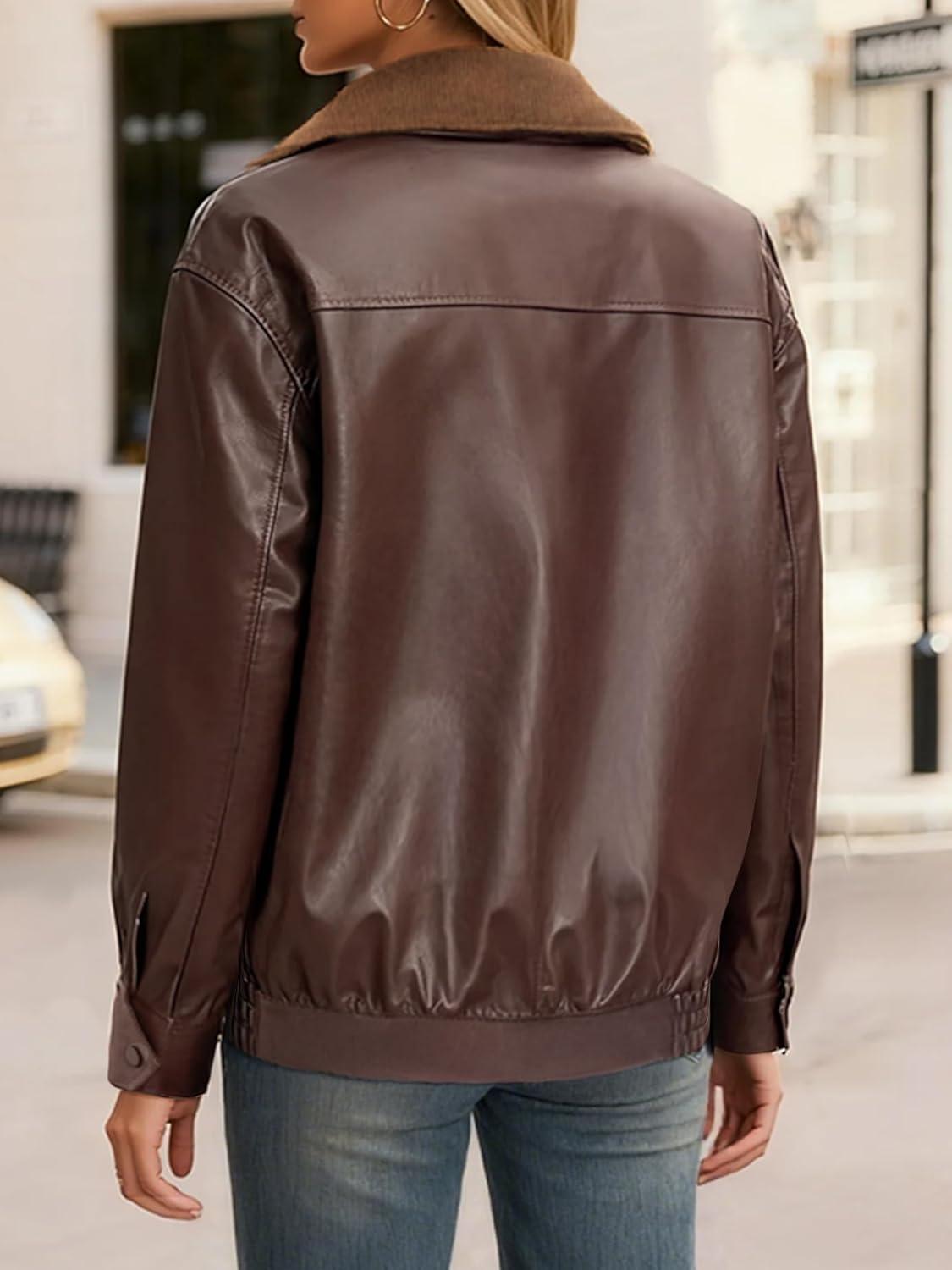 imageCasly Lamiit Women Leather Jacket Oversized Bomber Motorcycle Zip Up Jacket Spring Trendy Coats Fashion Clothes 2026Brown