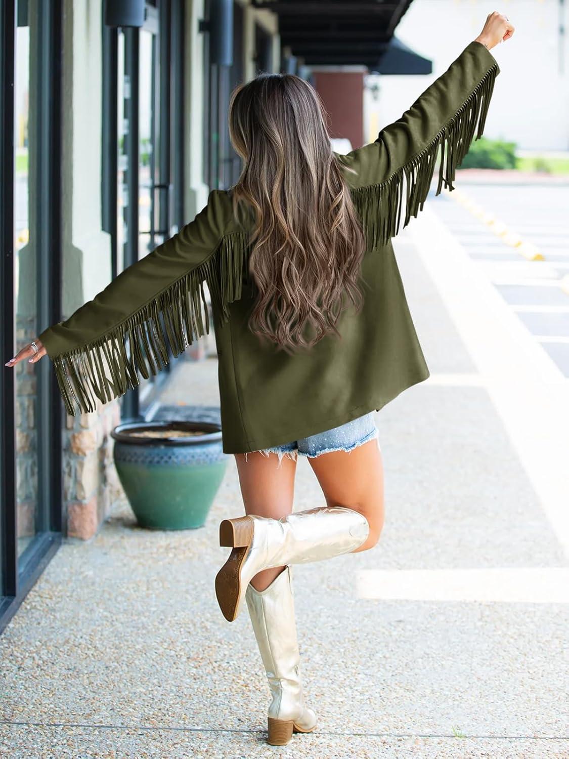 imageCicy Bell Womens Faux Suede Fringe Jacket Casual Blazer Long Sleeve Lapel Button Front Suit JacketsArmy Green