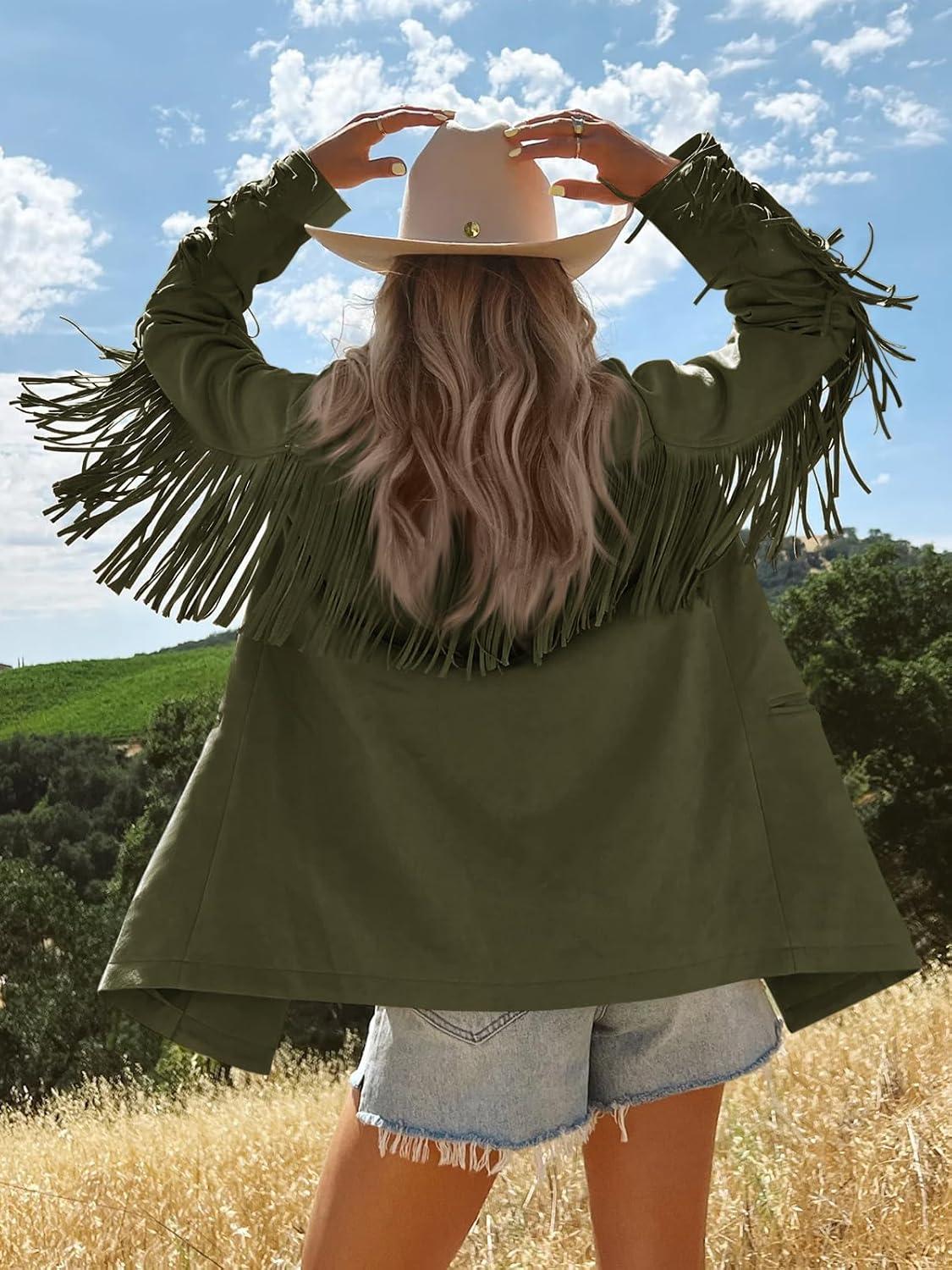 imageCicy Bell Womens Faux Suede Fringe Jacket Casual Blazer Long Sleeve Lapel Button Front Suit JacketsArmy Green