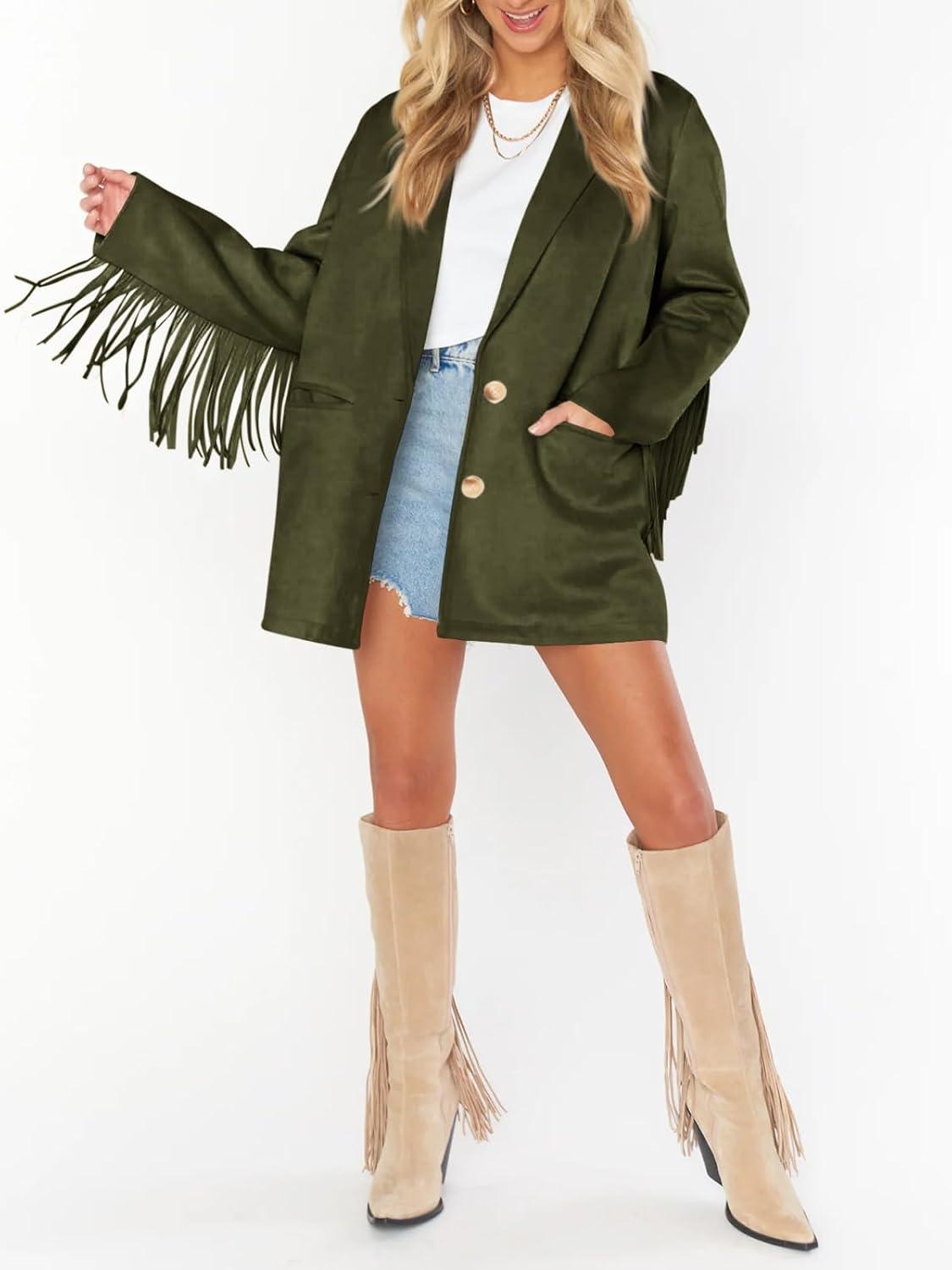 imageCicy Bell Womens Faux Suede Fringe Jacket Casual Blazer Long Sleeve Lapel Button Front Suit JacketsArmy Green