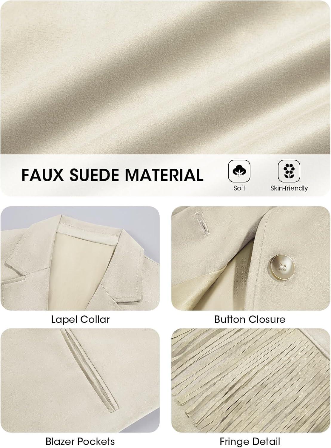 imageCicy Bell Womens Faux Suede Fringe Jacket Casual Blazer Long Sleeve Lapel Button Front Suit JacketsBeige