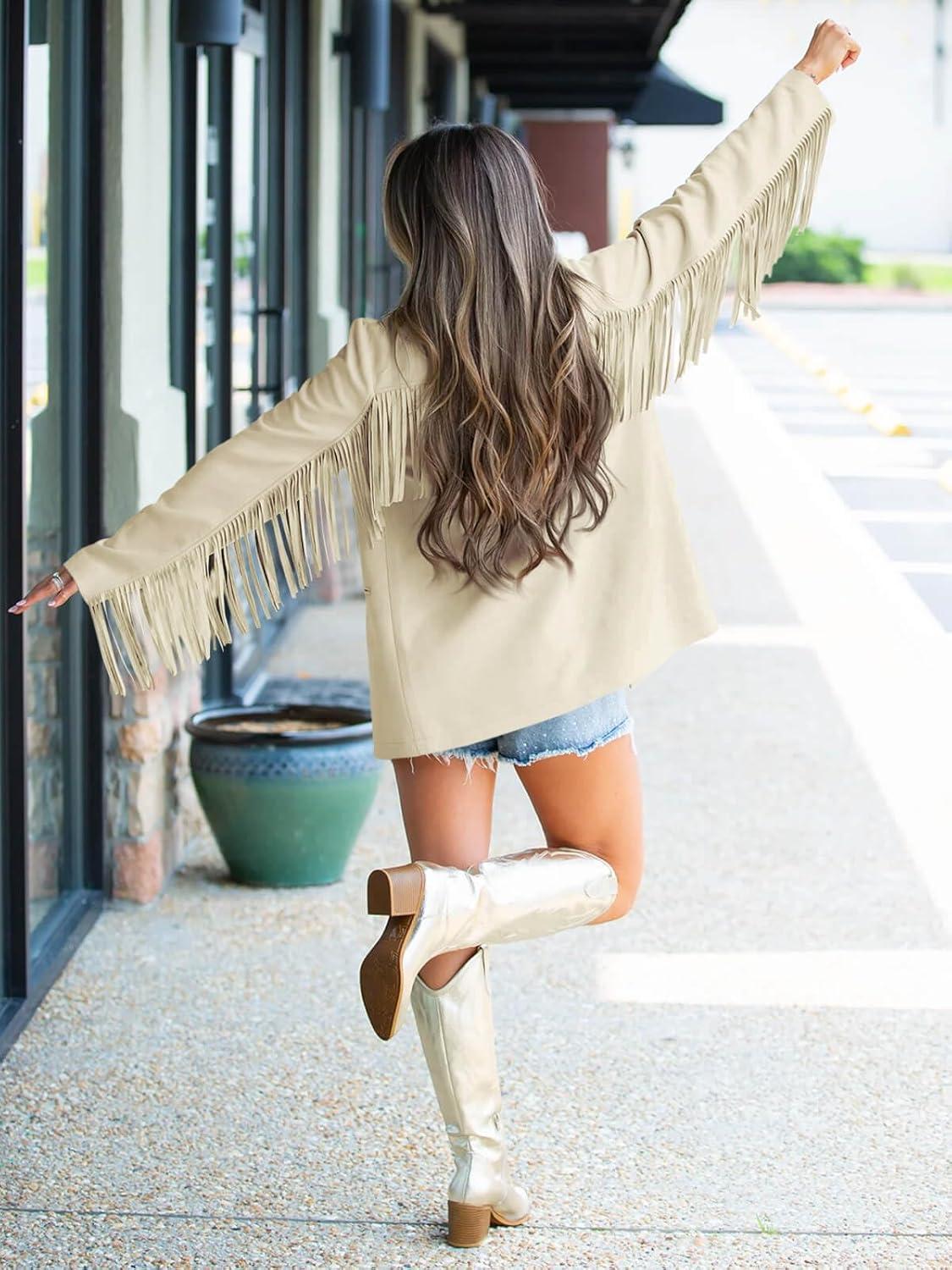 imageCicy Bell Womens Faux Suede Fringe Jacket Casual Blazer Long Sleeve Lapel Button Front Suit JacketsBeige