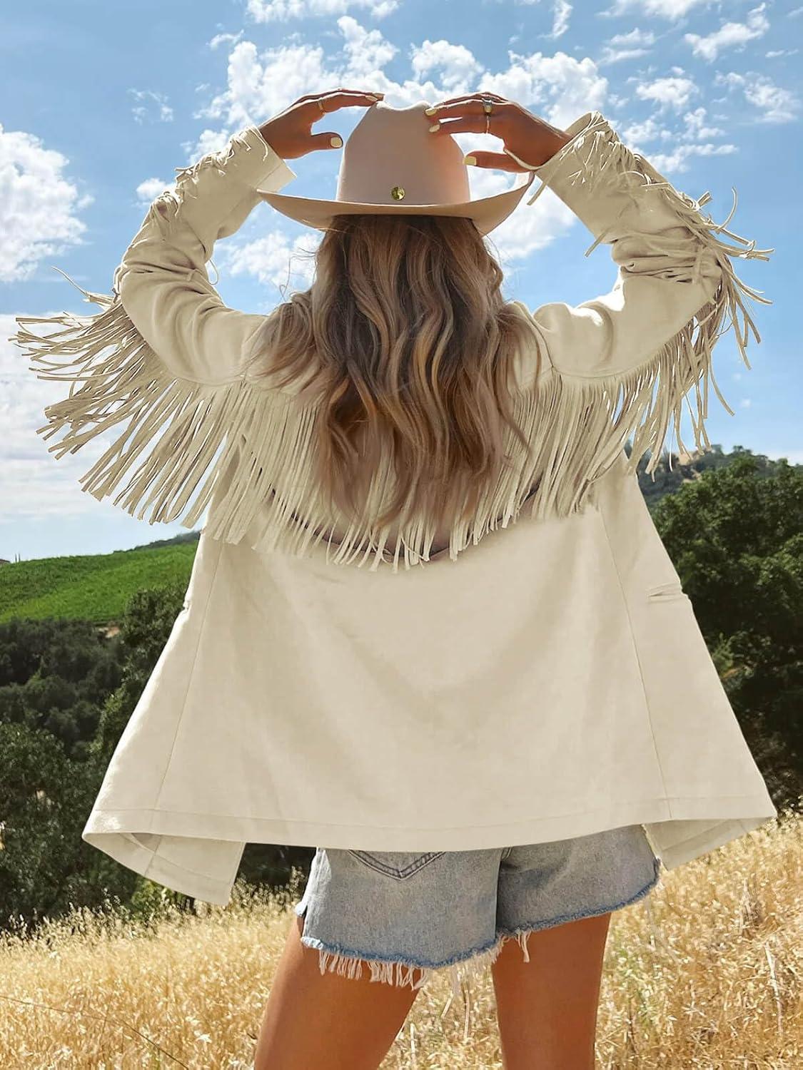 imageCicy Bell Womens Faux Suede Fringe Jacket Casual Blazer Long Sleeve Lapel Button Front Suit JacketsBeige