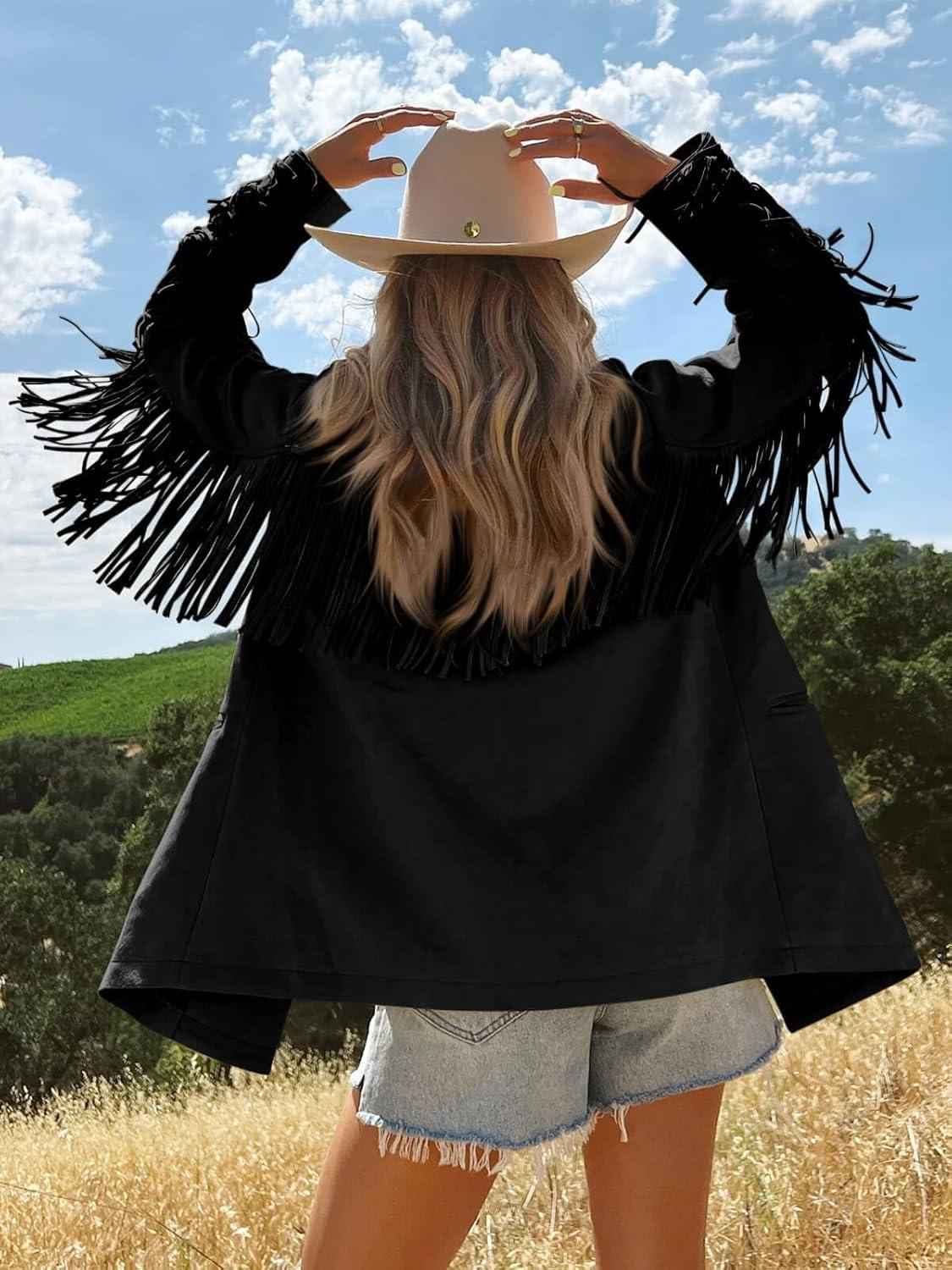 imageCicy Bell Womens Faux Suede Fringe Jacket Casual Blazer Long Sleeve Lapel Button Front Suit JacketsBlack