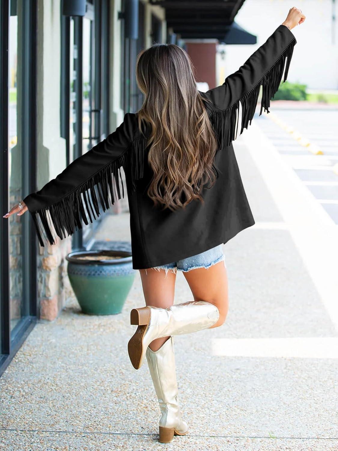 imageCicy Bell Womens Faux Suede Fringe Jacket Casual Blazer Long Sleeve Lapel Button Front Suit JacketsBlack
