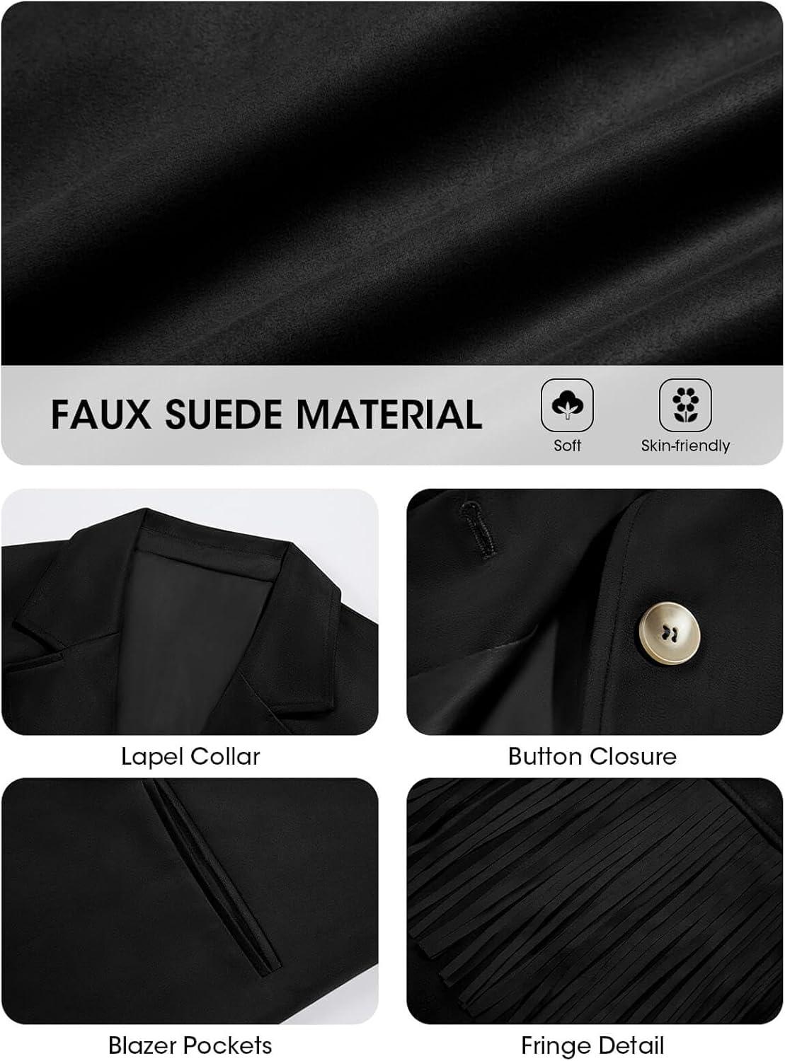 imageCicy Bell Womens Faux Suede Fringe Jacket Casual Blazer Long Sleeve Lapel Button Front Suit JacketsBlack