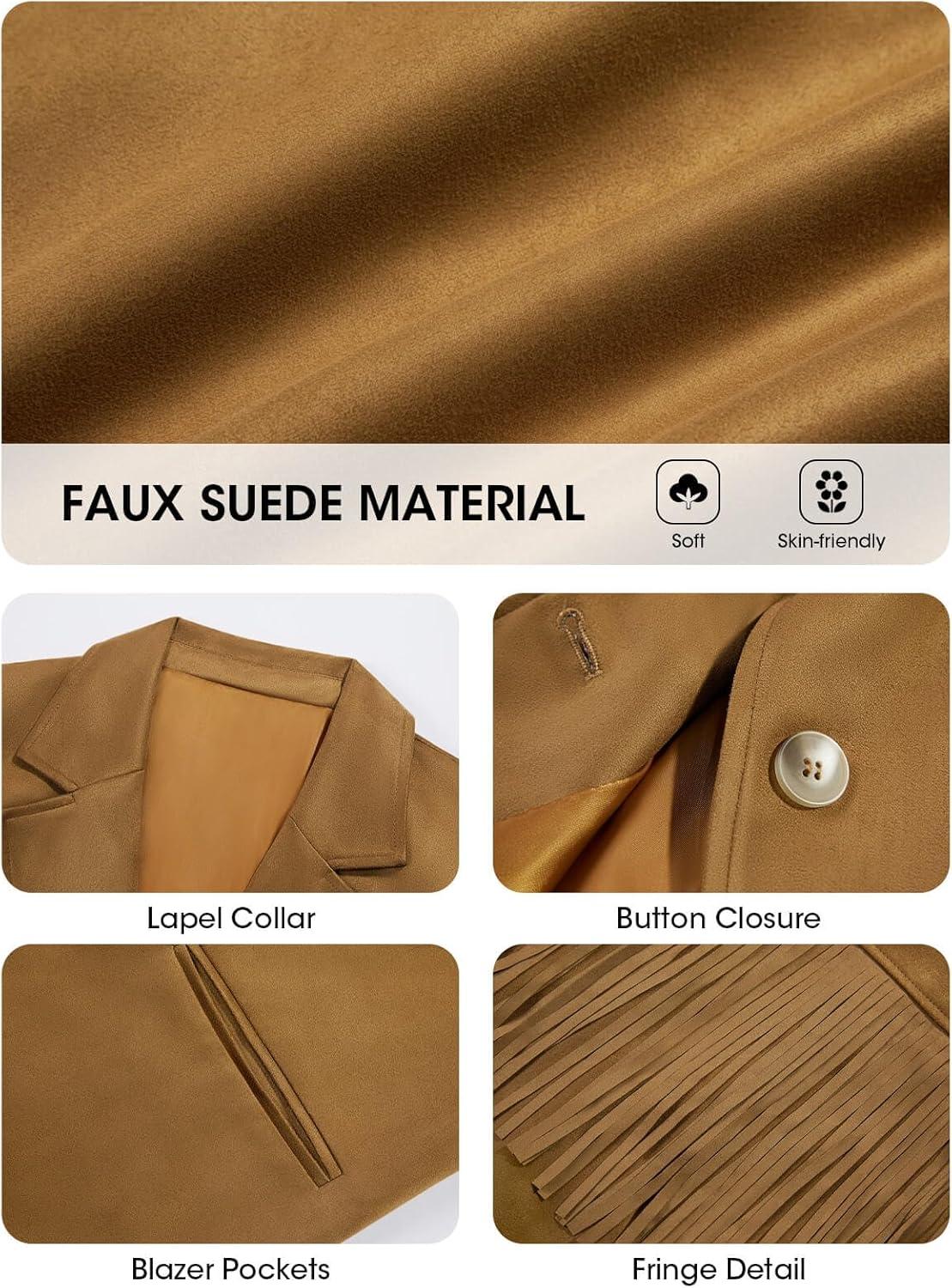 imageCicy Bell Womens Faux Suede Fringe Jacket Casual Blazer Long Sleeve Lapel Button Front Suit JacketsBrown