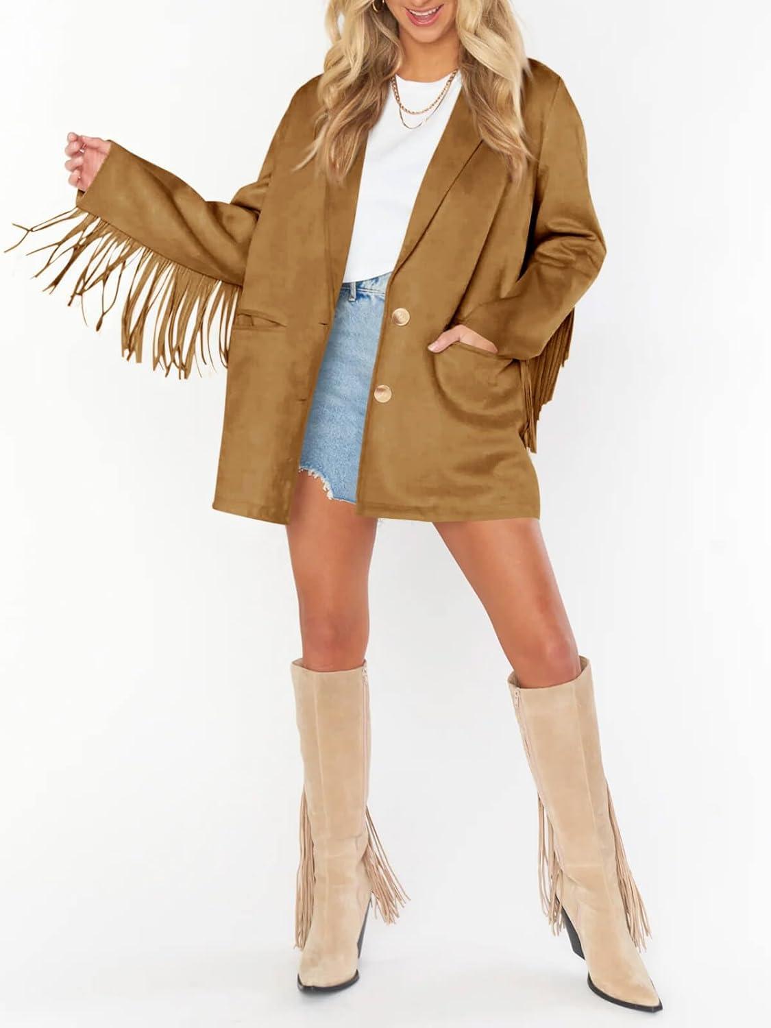 imageCicy Bell Womens Faux Suede Fringe Jacket Casual Blazer Long Sleeve Lapel Button Front Suit JacketsBrown