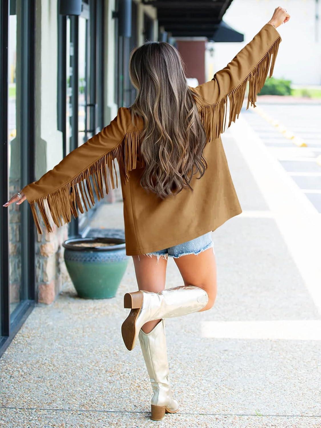 imageCicy Bell Womens Faux Suede Fringe Jacket Casual Blazer Long Sleeve Lapel Button Front Suit JacketsBrown