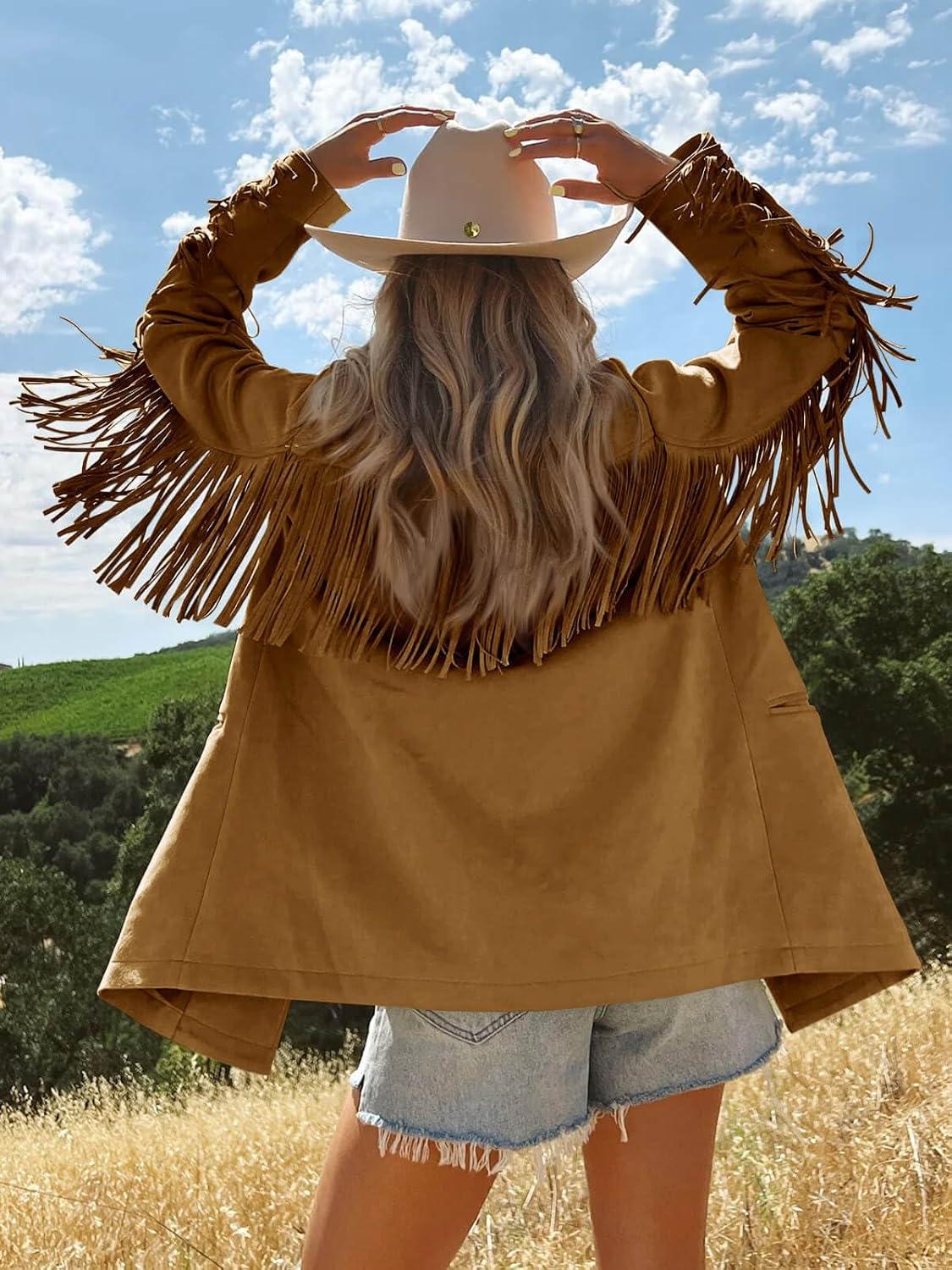 imageCicy Bell Womens Faux Suede Fringe Jacket Casual Blazer Long Sleeve Lapel Button Front Suit JacketsBrown