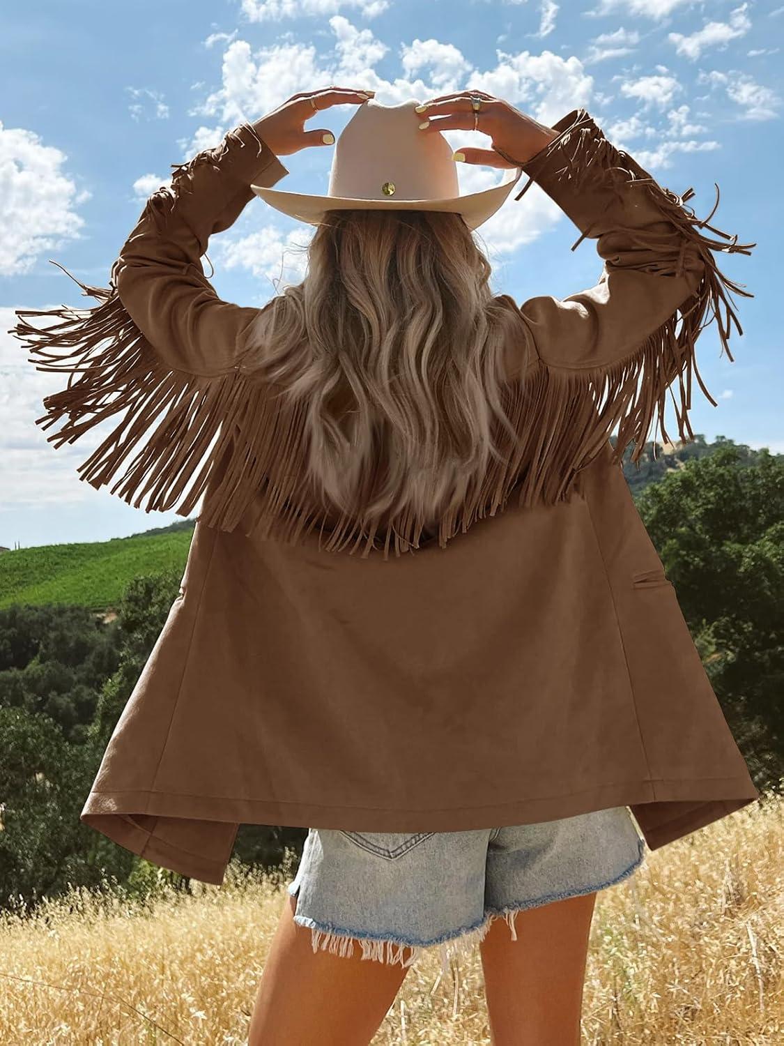 imageCicy Bell Womens Faux Suede Fringe Jacket Casual Blazer Long Sleeve Lapel Button Front Suit JacketsDark Brown