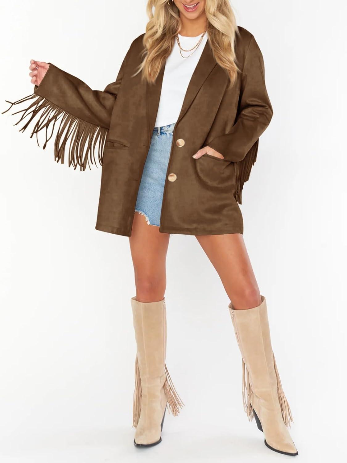 imageCicy Bell Womens Faux Suede Fringe Jacket Casual Blazer Long Sleeve Lapel Button Front Suit JacketsDark Brown