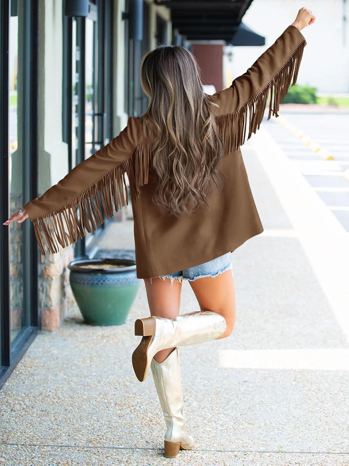 imageCicy Bell Womens Faux Suede Fringe Jacket Casual Blazer Long Sleeve Lapel Button Front Suit JacketsDark Brown