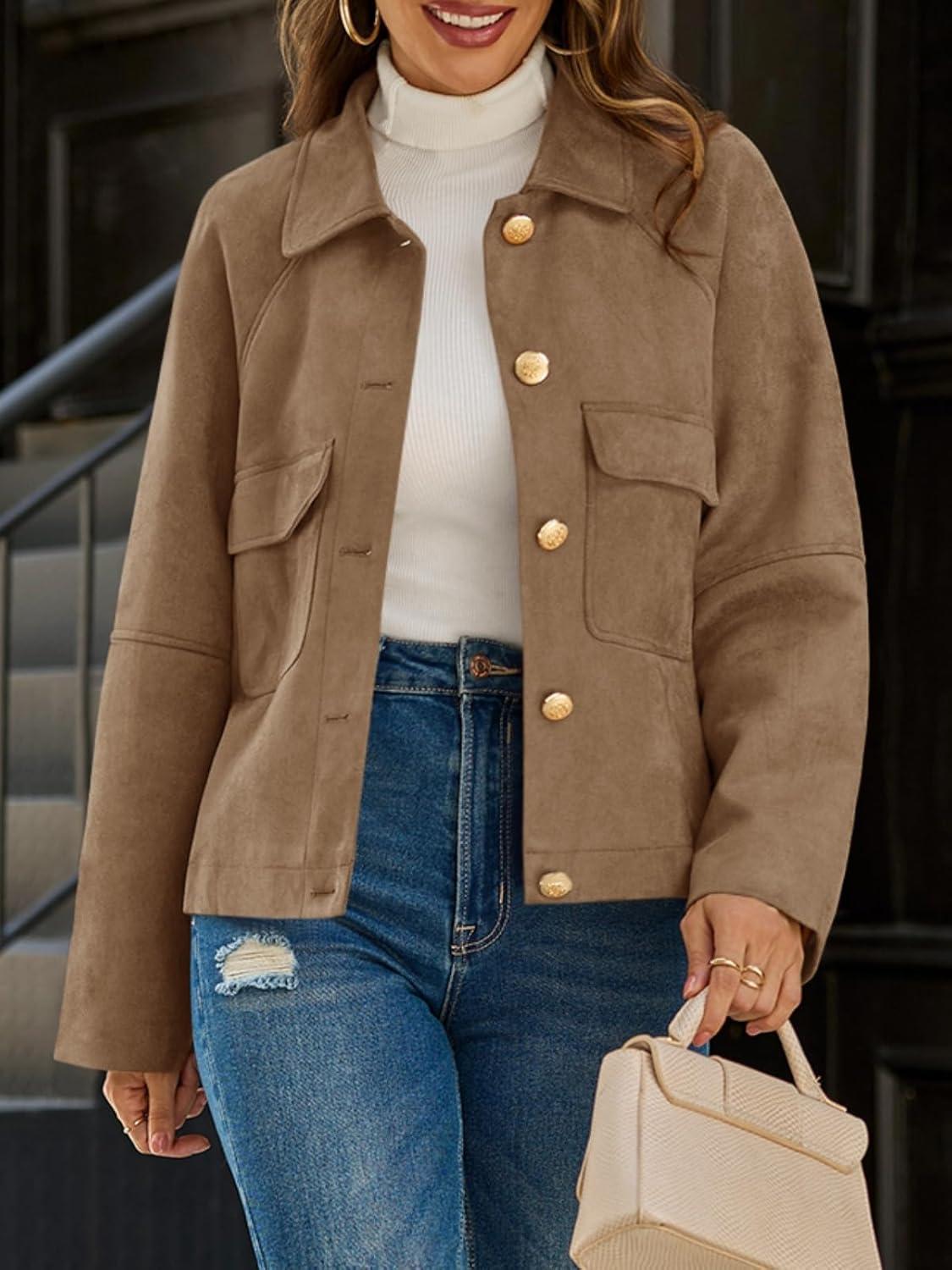 imageCicy Bell Womens Faux Suede Leather Jackets Oversized Cropped Casual Lapel Collar Button Down Fall Vintage ShacketsDark Brown