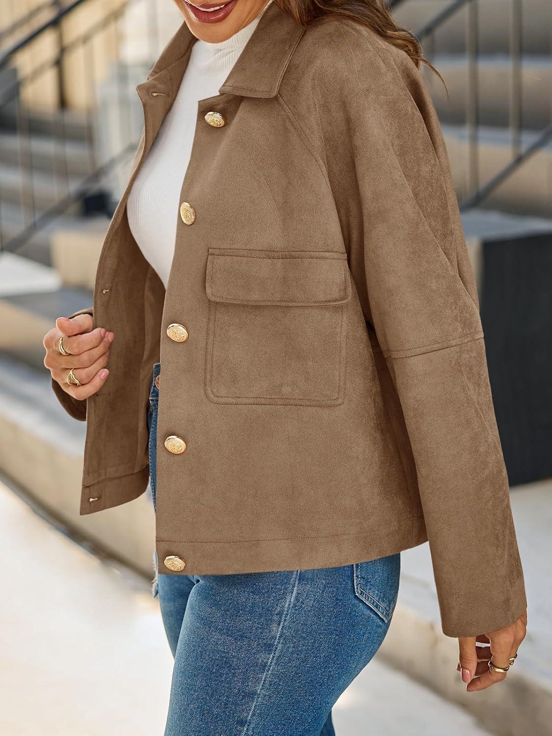 imageCicy Bell Womens Faux Suede Leather Jackets Oversized Cropped Casual Lapel Collar Button Down Fall Vintage ShacketsDark Brown