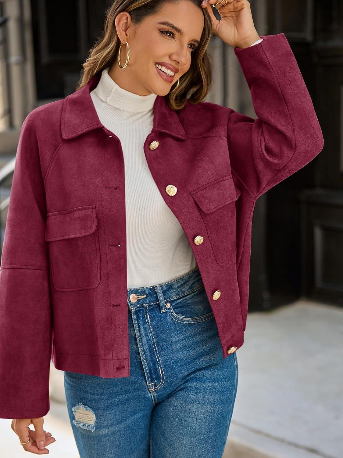 imageCicy Bell Womens Faux Suede Leather Jackets Oversized Cropped Casual Lapel Collar Button Down Fall Vintage ShacketsWine Red