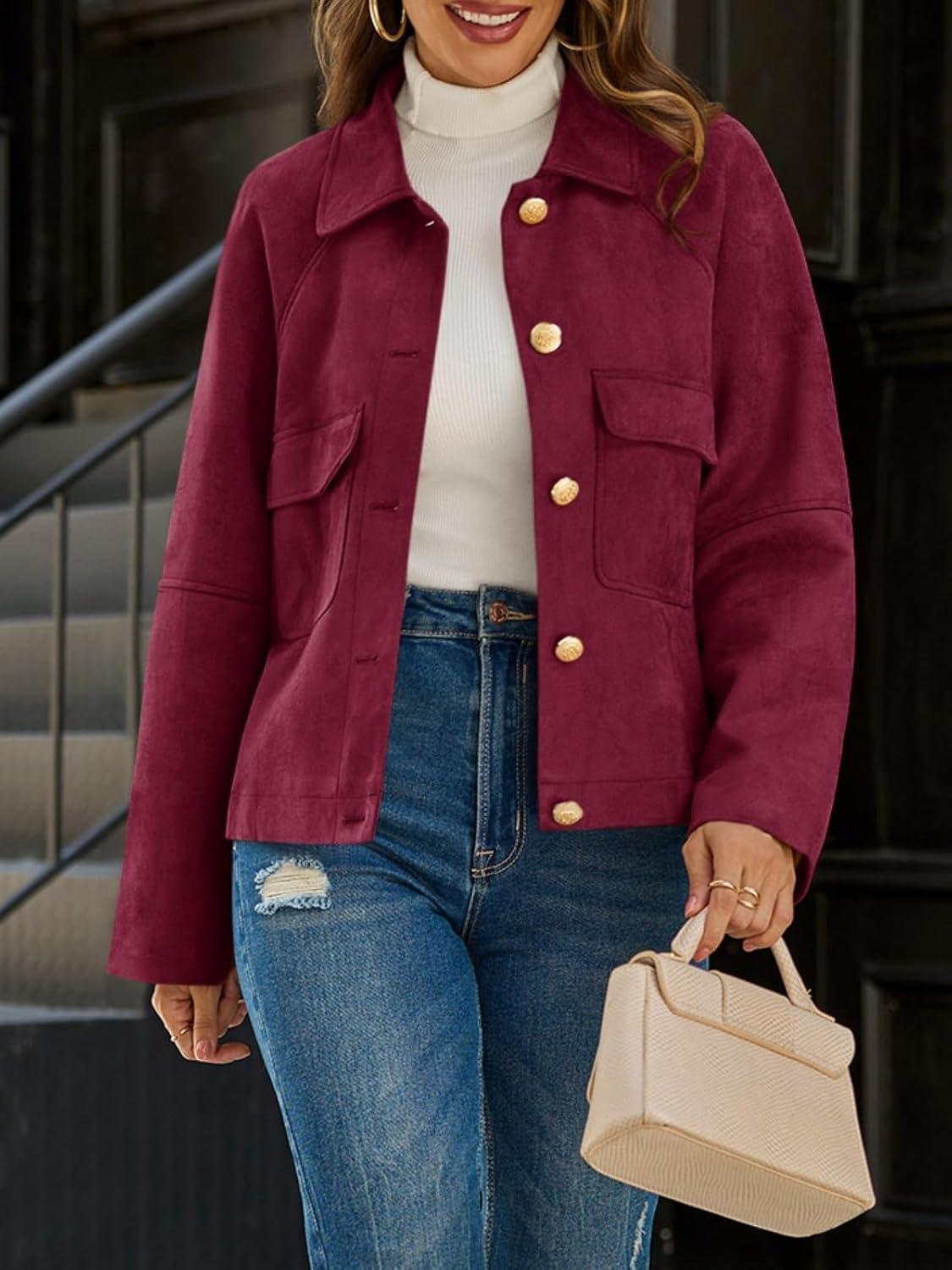 imageCicy Bell Womens Faux Suede Leather Jackets Oversized Cropped Casual Lapel Collar Button Down Fall Vintage ShacketsWine Red