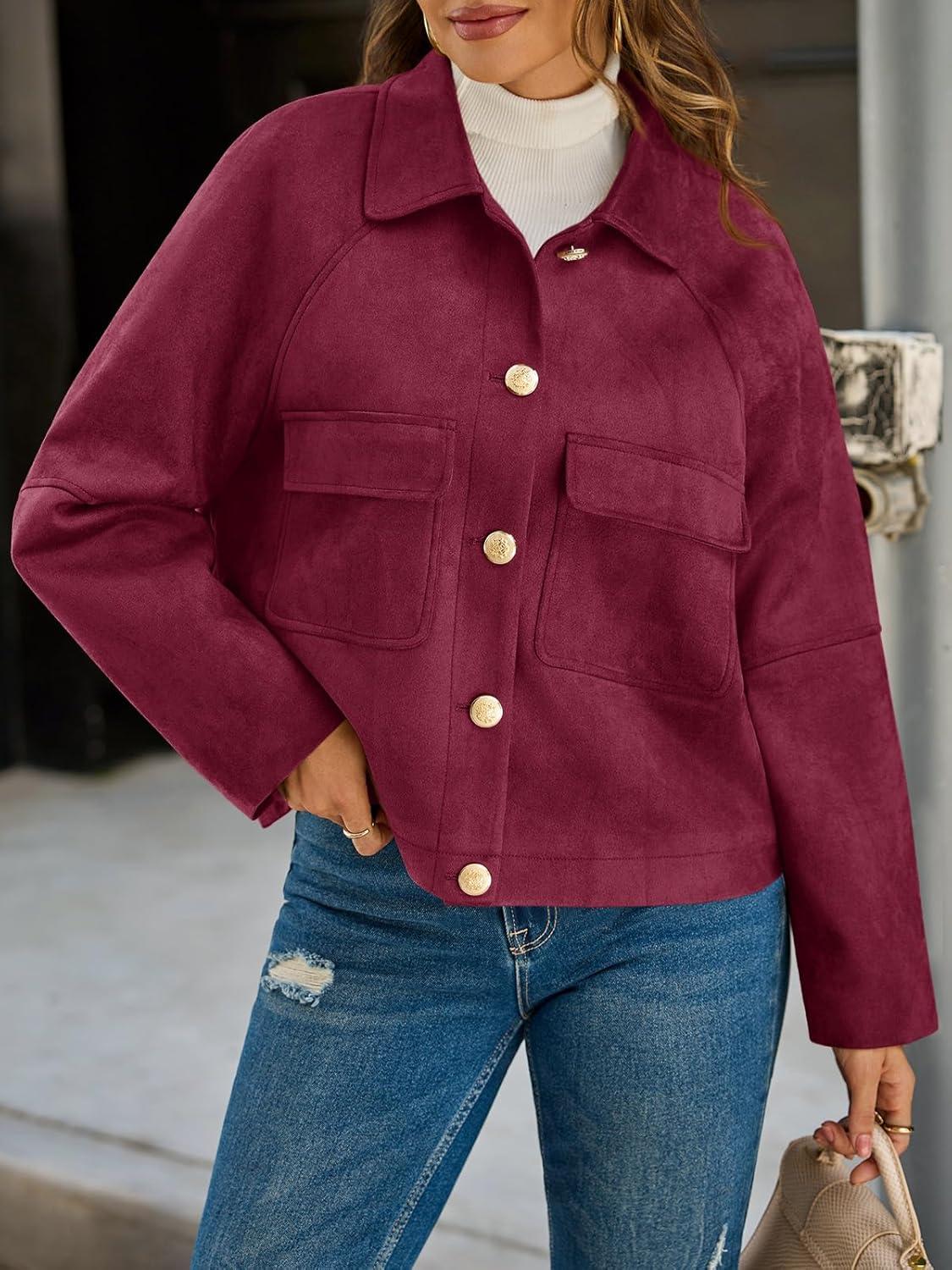 imageCicy Bell Womens Faux Suede Leather Jackets Oversized Cropped Casual Lapel Collar Button Down Fall Vintage ShacketsWine Red