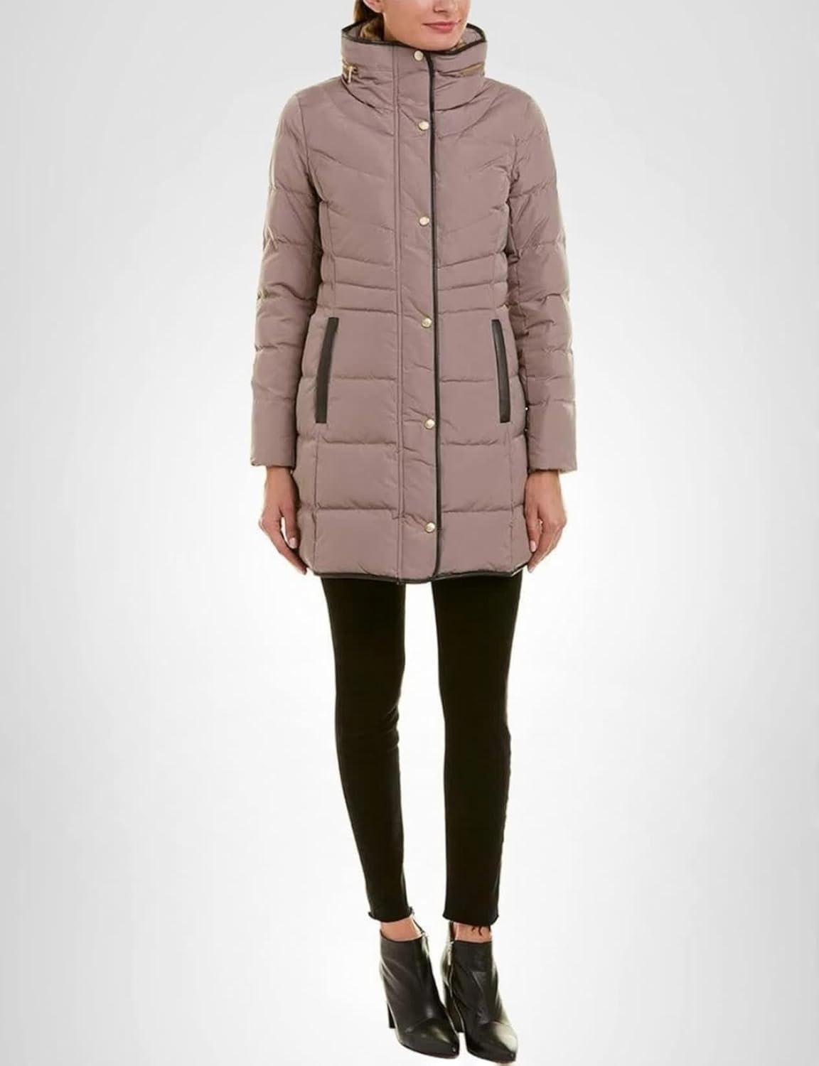 imageCole Haan womens Mid Length Down Coat With Bib FrontCashew
