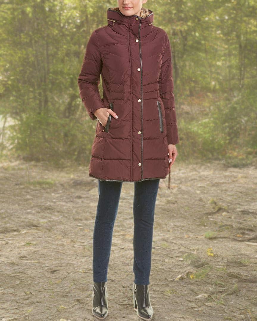imageCole Haan womens Mid Length Down Coat With Bib FrontMerlot