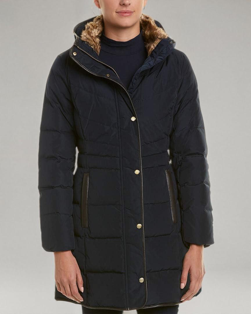 imageCole Haan womens Mid Length Down Coat With Bib FrontNavy