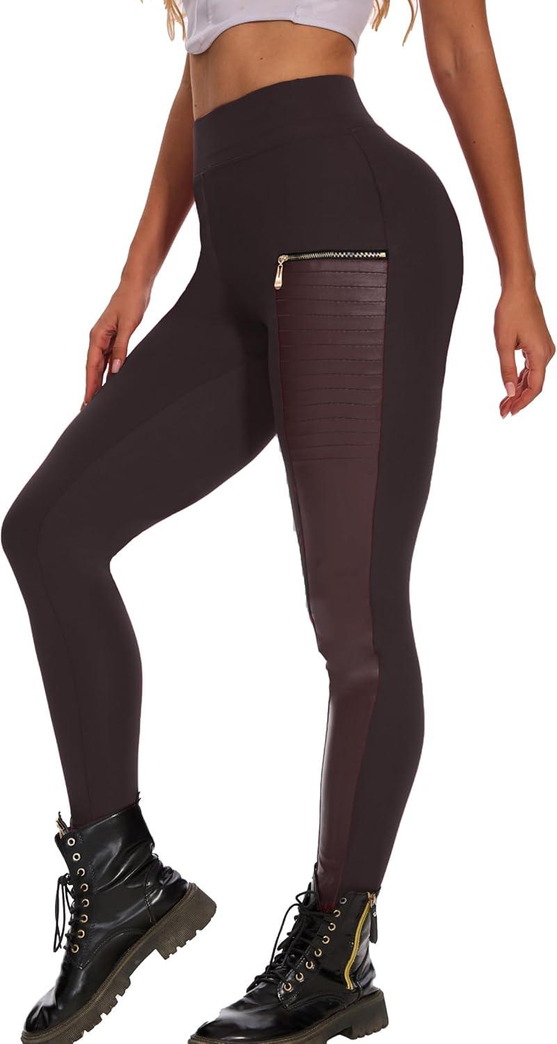 imageDAOAO Faux Leather Leggings for Women Pleather Pant Elastic Mid Waisted Stretchy Patch Zip TightsBrown