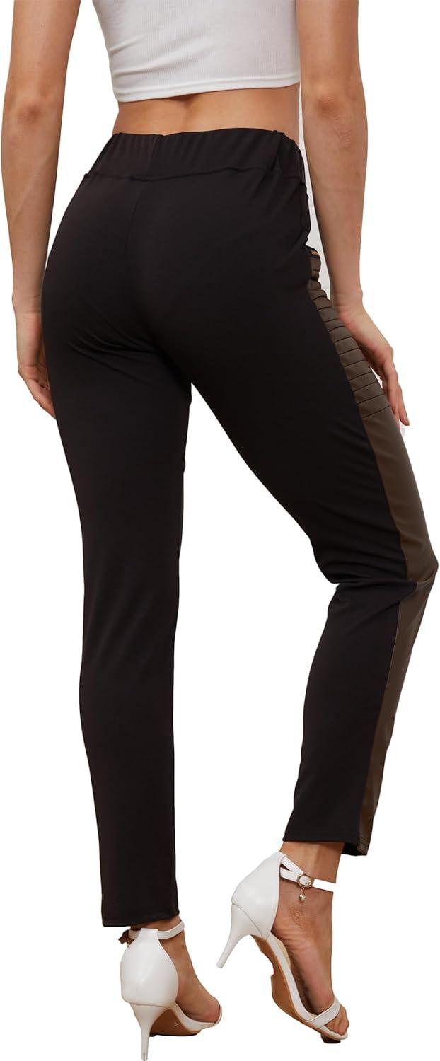 imageDAOAO Faux Leather Leggings for Women Pleather Pant Elastic Mid Waisted Stretchy Patch Zip TightsBrown