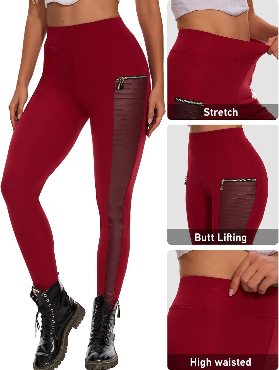 imageDAOAO Faux Leather Leggings for Women Pleather Pant Elastic Mid Waisted Stretchy Patch Zip TightsClassic Red