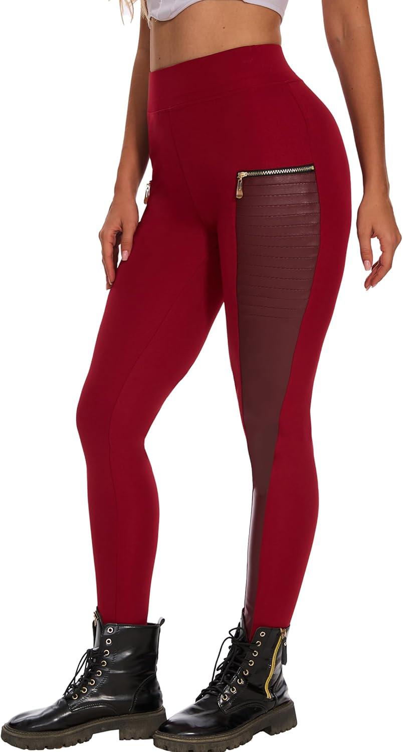 imageDAOAO Faux Leather Leggings for Women Pleather Pant Elastic Mid Waisted Stretchy Patch Zip TightsClassic Red