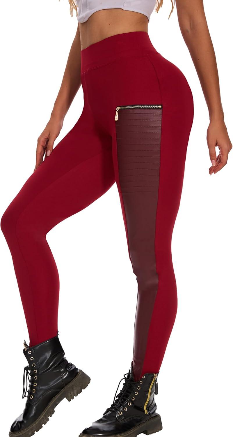 imageDAOAO Faux Leather Leggings for Women Pleather Pant Elastic Mid Waisted Stretchy Patch Zip TightsClassic Red