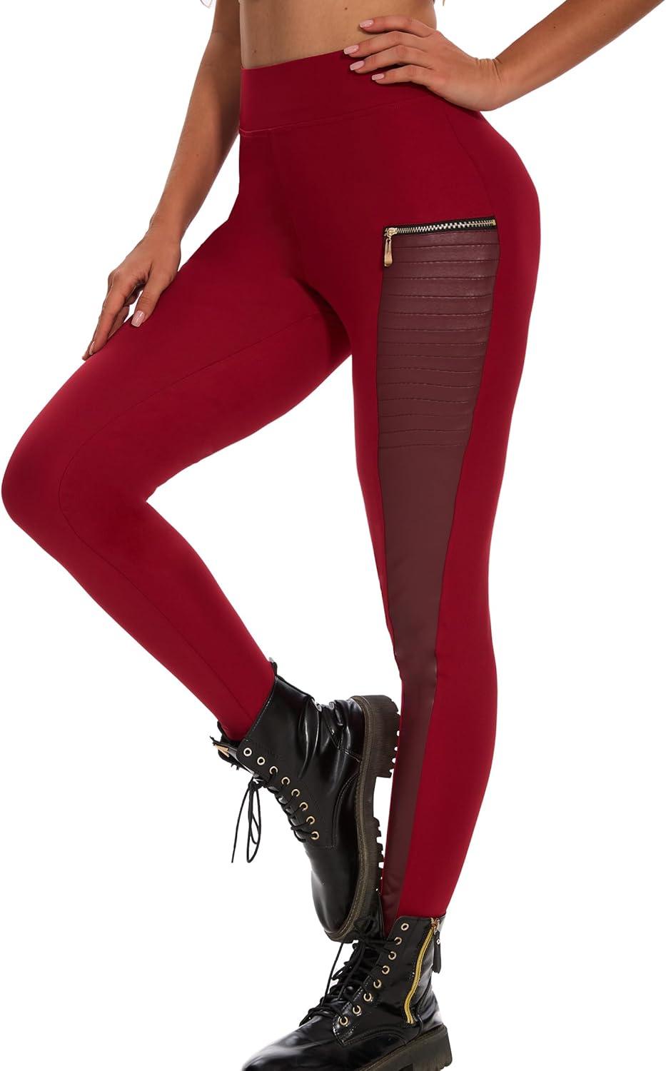 imageDAOAO Faux Leather Leggings for Women Pleather Pant Elastic Mid Waisted Stretchy Patch Zip TightsClassic Red