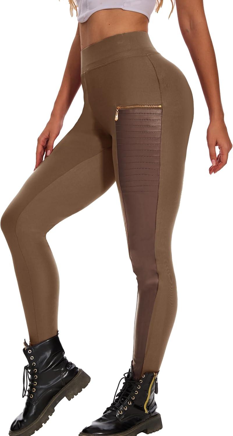 imageDAOAO Faux Leather Leggings for Women Pleather Pant Elastic Mid Waisted Stretchy Patch Zip TightsCoffee