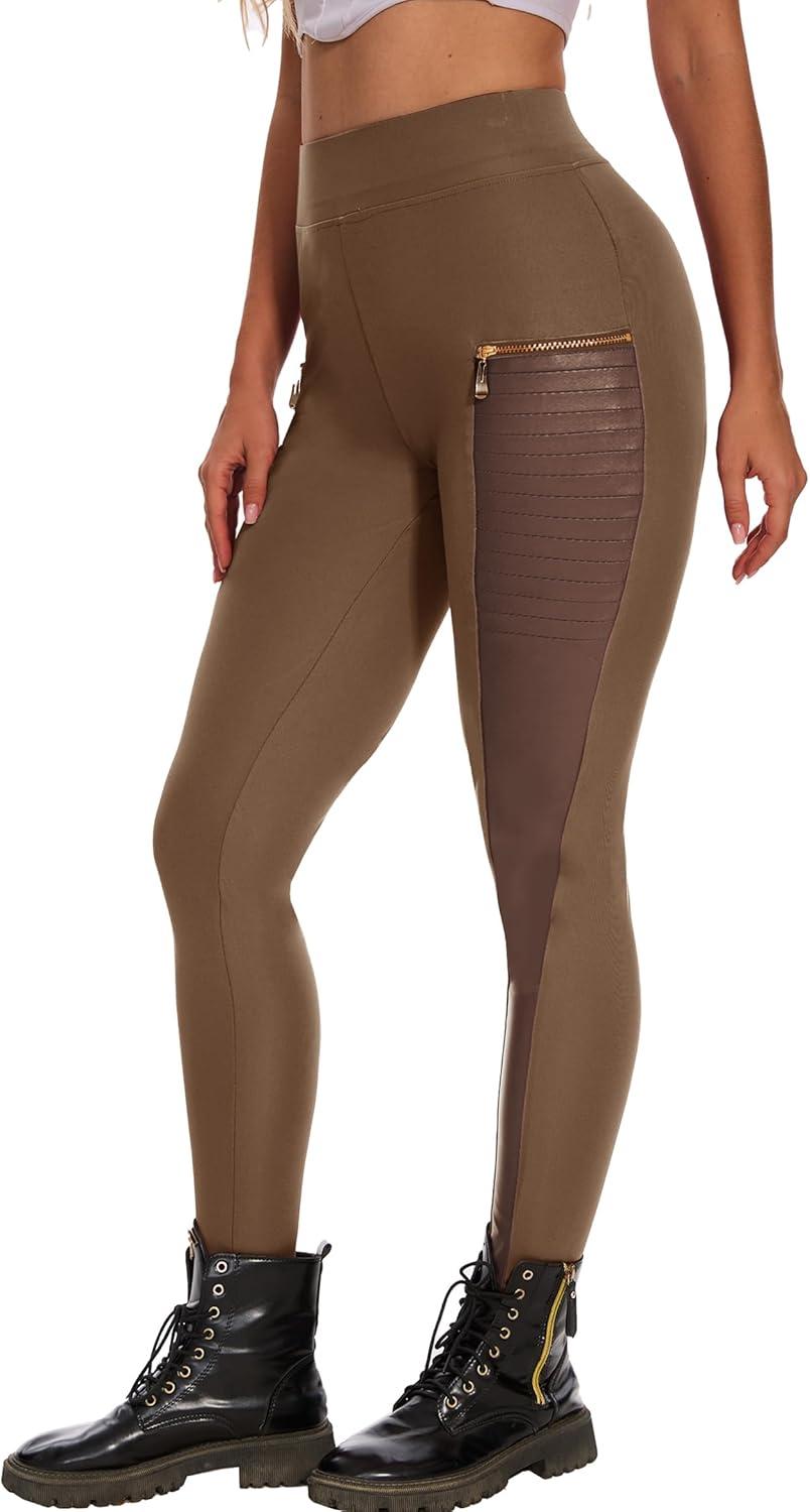 imageDAOAO Faux Leather Leggings for Women Pleather Pant Elastic Mid Waisted Stretchy Patch Zip TightsCoffee