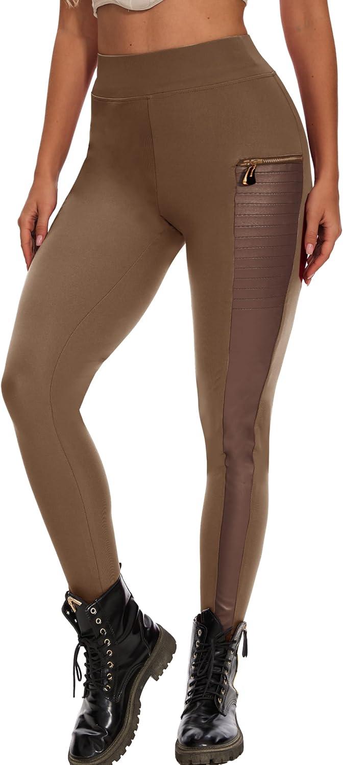 imageDAOAO Faux Leather Leggings for Women Pleather Pant Elastic Mid Waisted Stretchy Patch Zip TightsCoffee