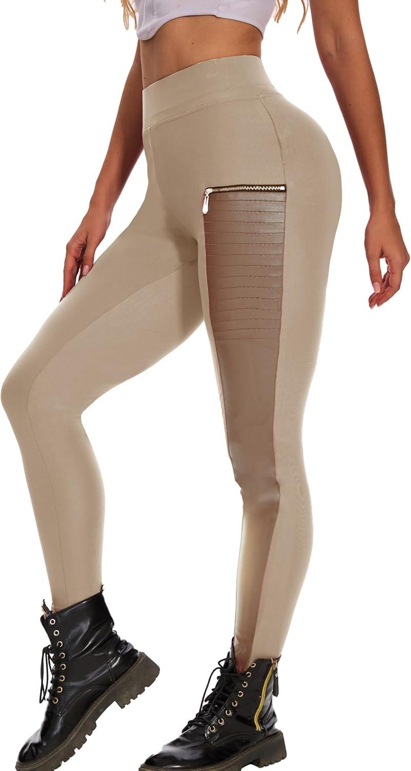 imageDAOAO Faux Leather Leggings for Women Pleather Pant Elastic Mid Waisted Stretchy Patch Zip TightsKhaki