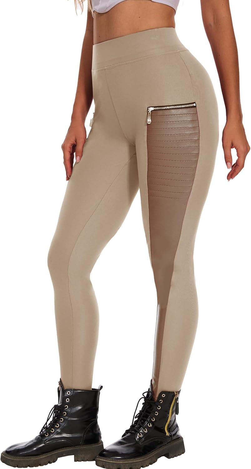 imageDAOAO Faux Leather Leggings for Women Pleather Pant Elastic Mid Waisted Stretchy Patch Zip TightsKhaki