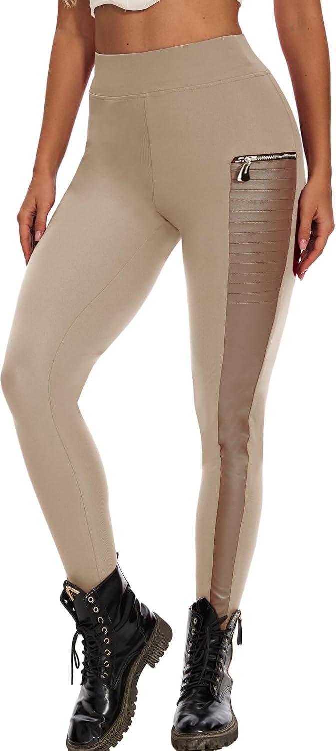 imageDAOAO Faux Leather Leggings for Women Pleather Pant Elastic Mid Waisted Stretchy Patch Zip TightsKhaki