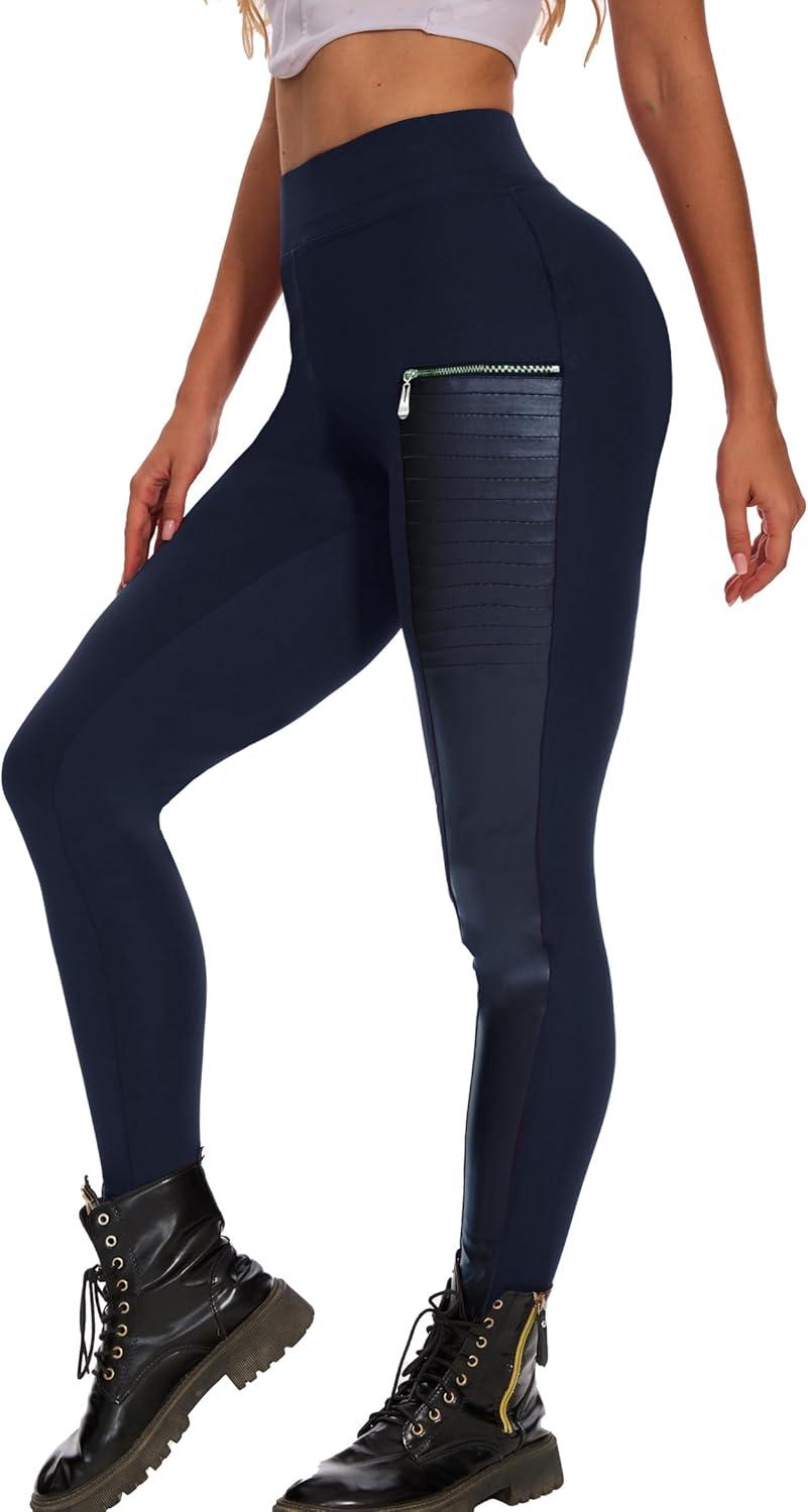 imageDAOAO Faux Leather Leggings for Women Pleather Pant Elastic Mid Waisted Stretchy Patch Zip TightsNavy