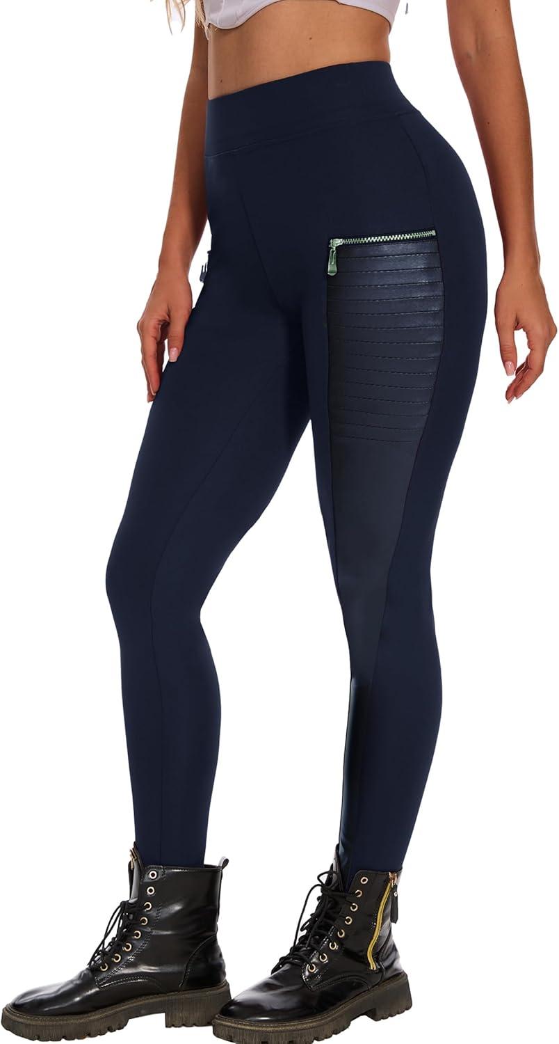 imageDAOAO Faux Leather Leggings for Women Pleather Pant Elastic Mid Waisted Stretchy Patch Zip TightsNavy