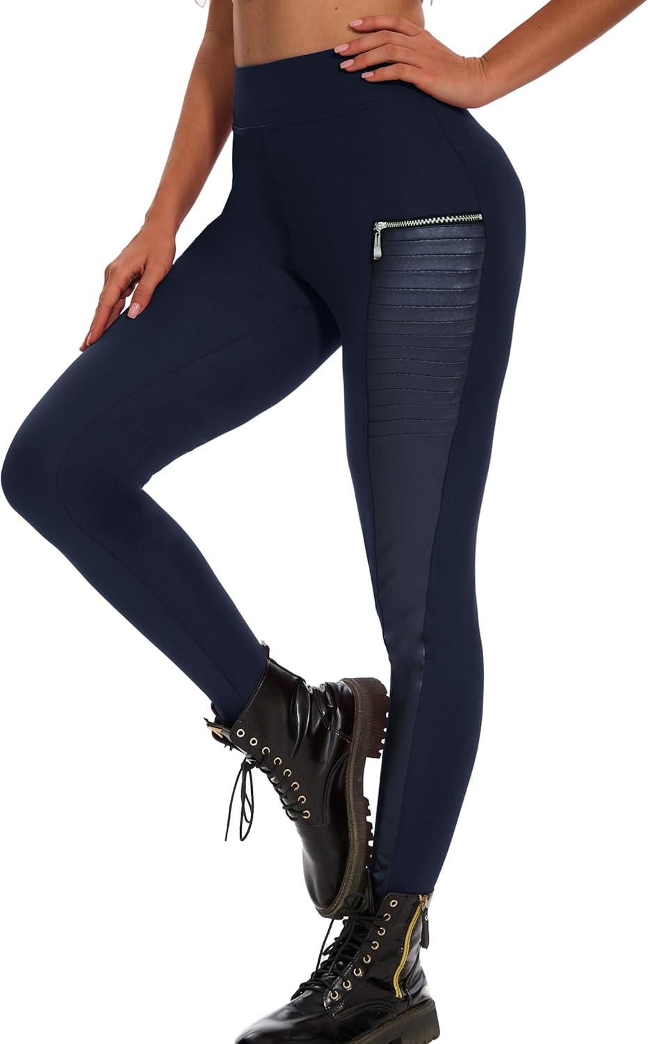 imageDAOAO Faux Leather Leggings for Women Pleather Pant Elastic Mid Waisted Stretchy Patch Zip TightsNavy