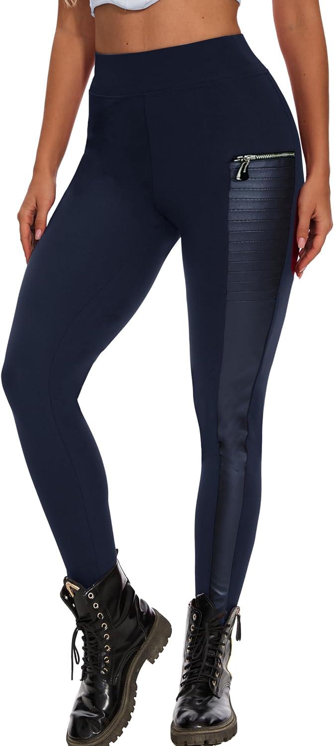 imageDAOAO Faux Leather Leggings for Women Pleather Pant Elastic Mid Waisted Stretchy Patch Zip TightsNavy