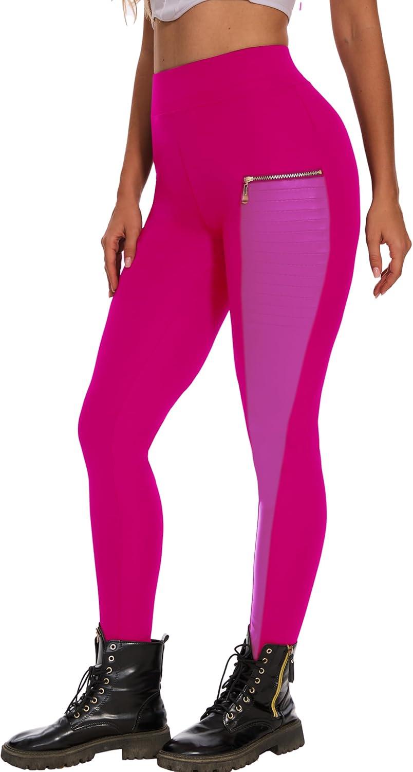 imageDAOAO Faux Leather Leggings for Women Pleather Pant Elastic Mid Waisted Stretchy Patch Zip TightsRose Pink