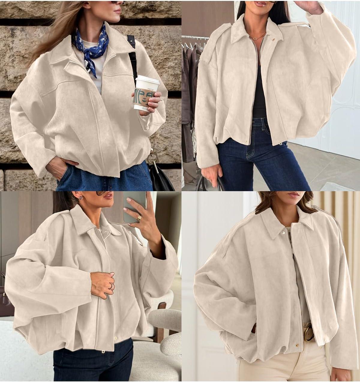 imageEVALESS Womens Faux Suede Bomber Jackets Long Sleeve Fall Coats Zip Up Cropped Jacket Trendy Winter Warm OuterwearBeige