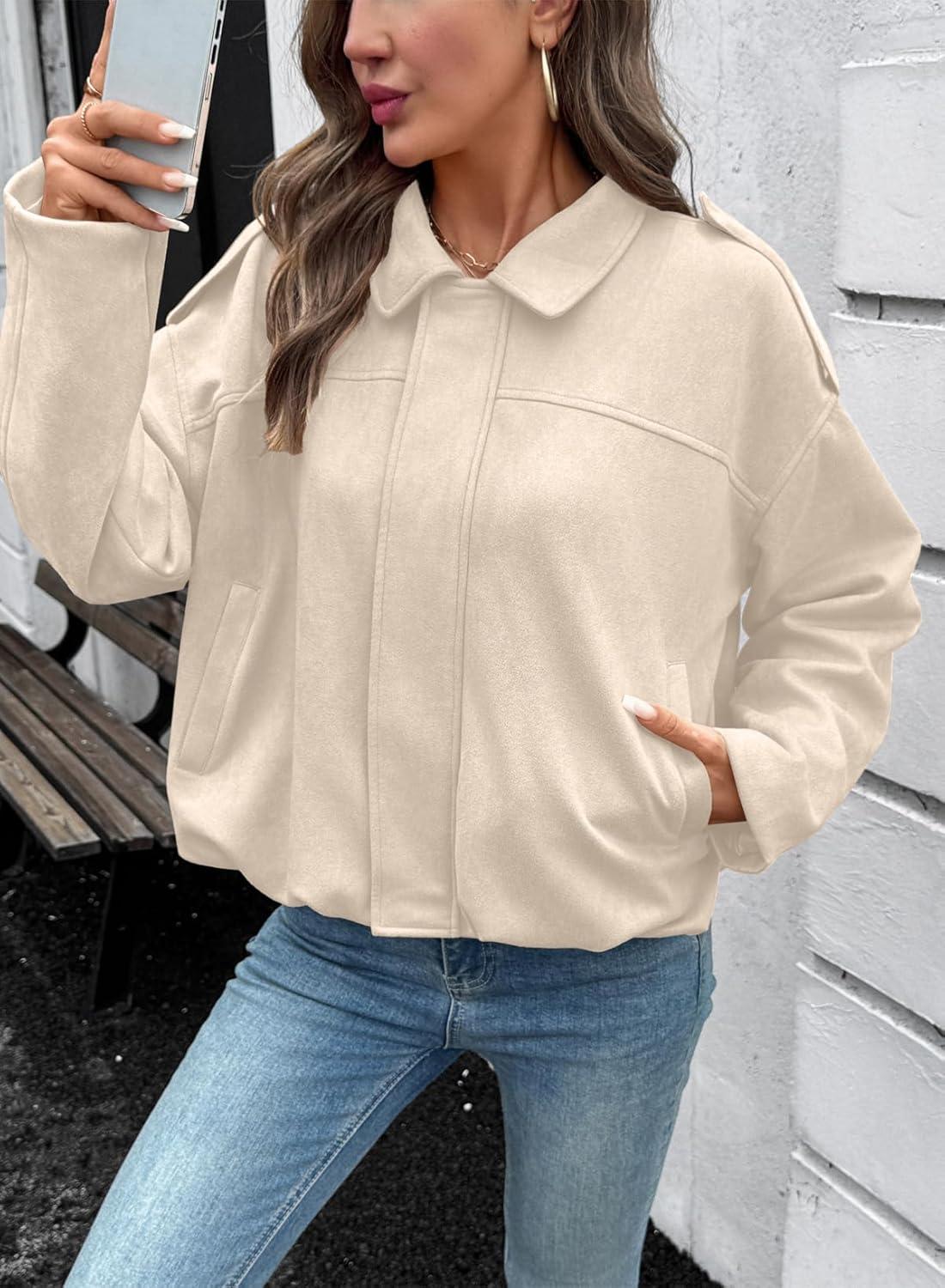 imageEVALESS Womens Faux Suede Bomber Jackets Long Sleeve Fall Coats Zip Up Cropped Jacket Trendy Winter Warm OuterwearBeige