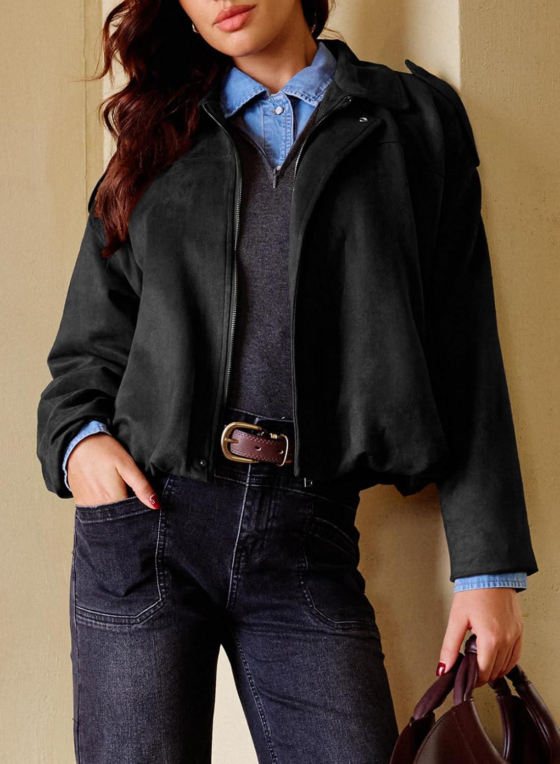 imageEVALESS Womens Faux Suede Bomber Jackets Long Sleeve Fall Coats Zip Up Cropped Jacket Trendy Winter Warm OuterwearColor Black
