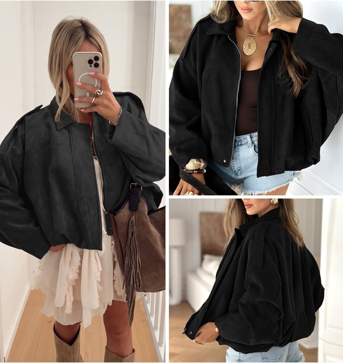 imageEVALESS Womens Faux Suede Bomber Jackets Long Sleeve Fall Coats Zip Up Cropped Jacket Trendy Winter Warm OuterwearColor Black