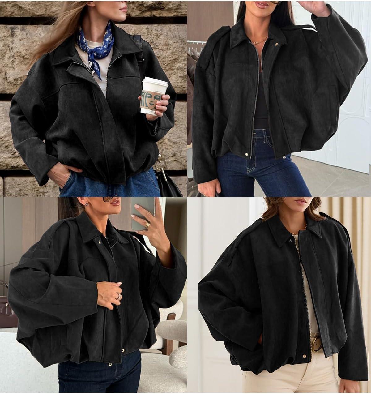 imageEVALESS Womens Faux Suede Bomber Jackets Long Sleeve Fall Coats Zip Up Cropped Jacket Trendy Winter Warm OuterwearColor Black