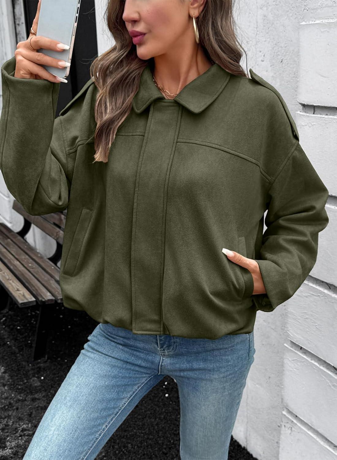 imageEVALESS Womens Faux Suede Bomber Jackets Long Sleeve Fall Coats Zip Up Cropped Jacket Trendy Winter Warm OuterwearFour Leaf Clover