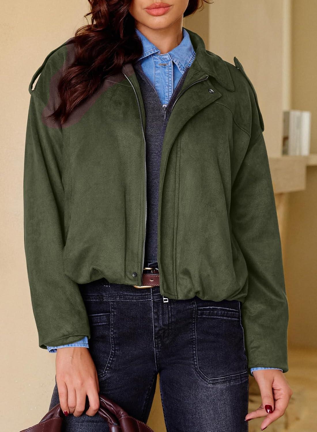 imageEVALESS Womens Faux Suede Bomber Jackets Long Sleeve Fall Coats Zip Up Cropped Jacket Trendy Winter Warm OuterwearFour Leaf Clover