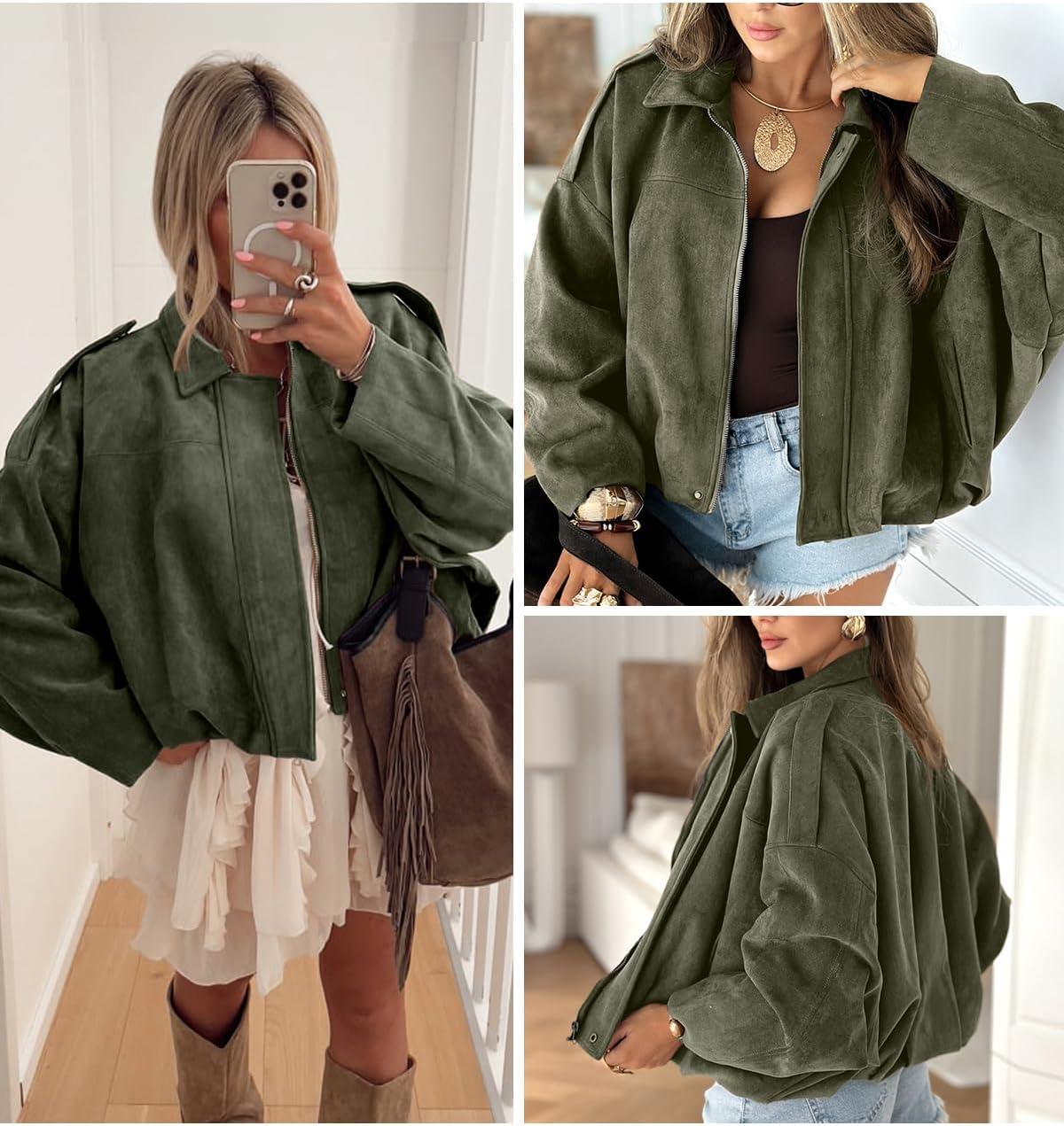 imageEVALESS Womens Faux Suede Bomber Jackets Long Sleeve Fall Coats Zip Up Cropped Jacket Trendy Winter Warm OuterwearFour Leaf Clover